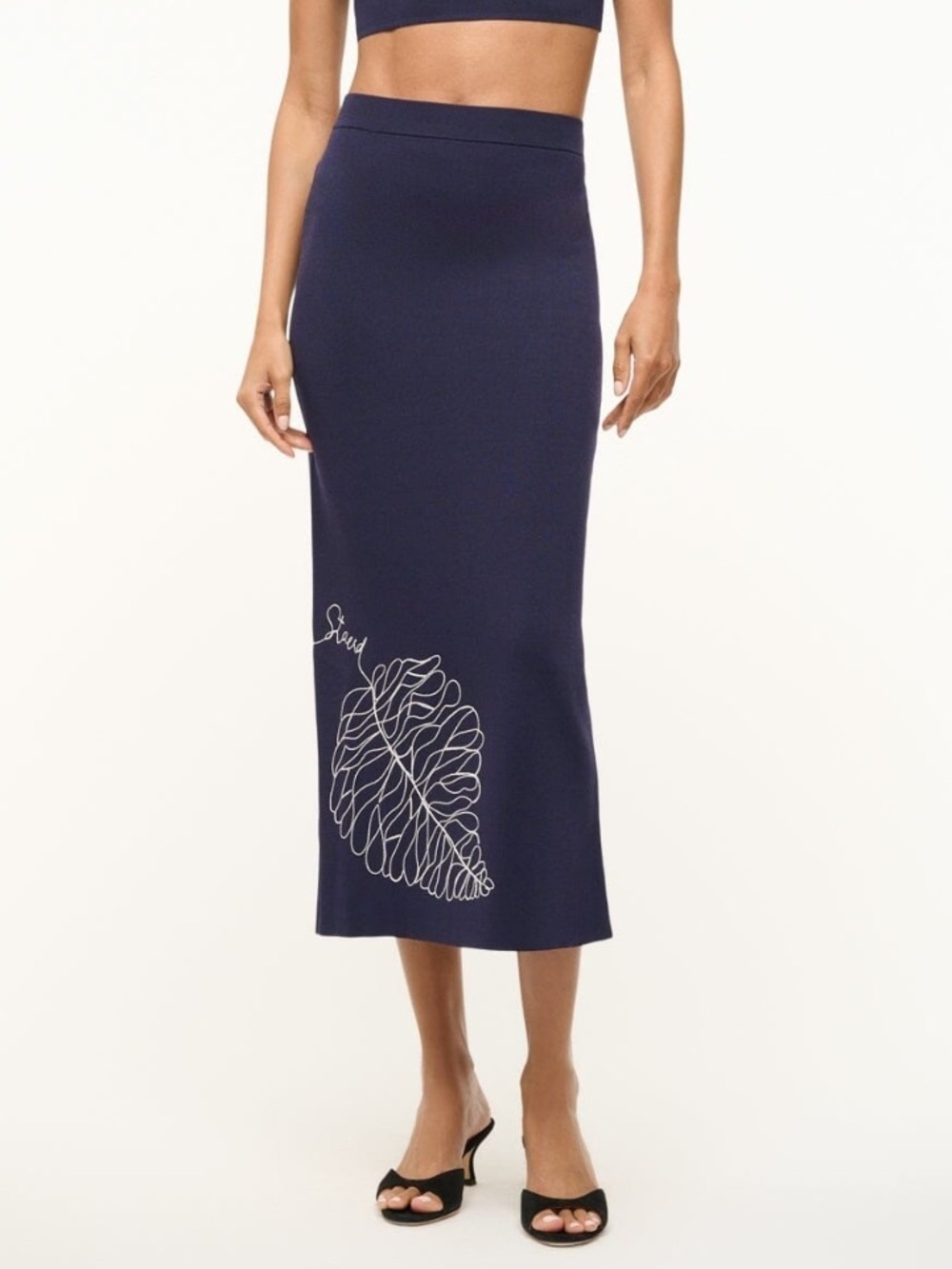 STAUD Navy Embroidered Maxi Karina Embroidered Leaf Pencil Skirt Medium NWT